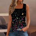 thumbnail image 2 of Women's Color Block Ruffled Square Neck Sleeveless Tank Top, Striped Casual Summer Shirt with Floral Accents,Black L, 2 of 5