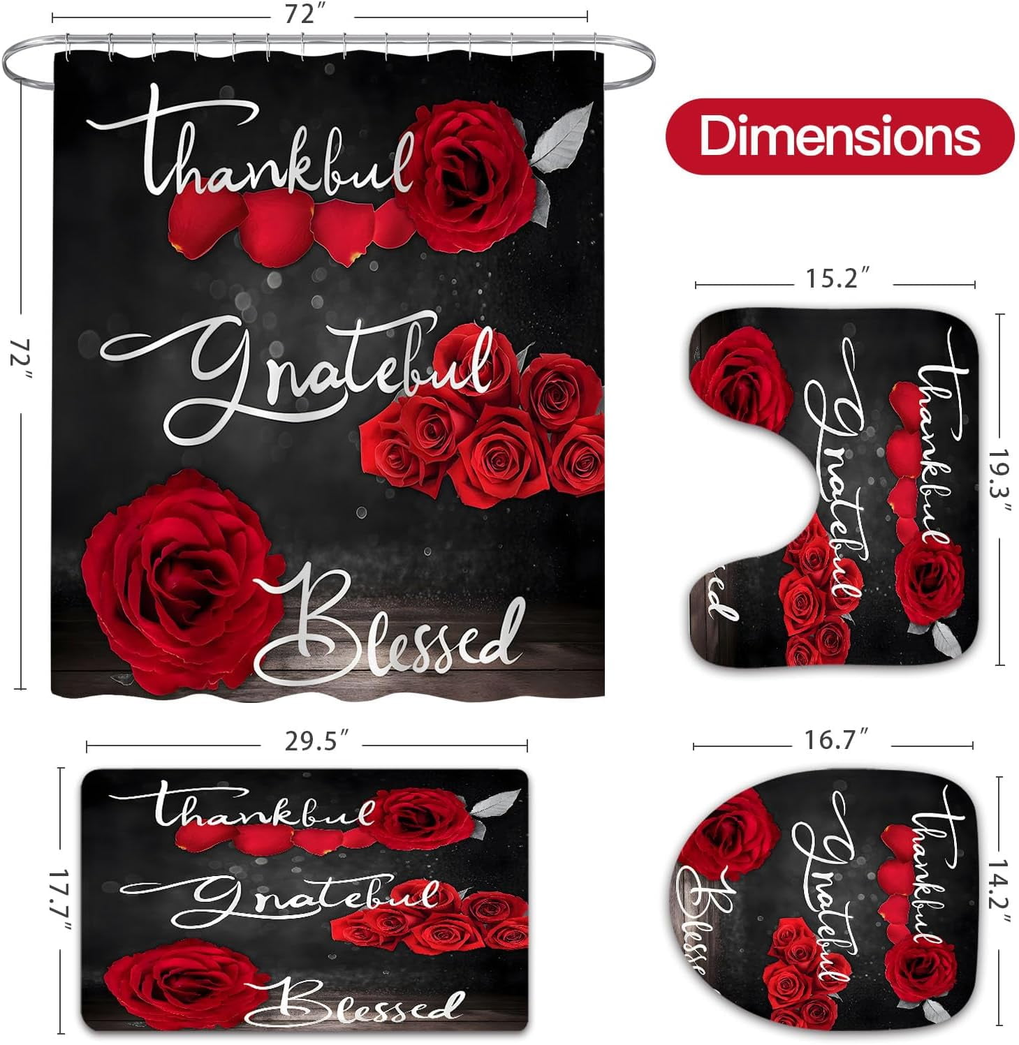4 Pcs Red Rose Shower Curtain Set with Non-Slip Rugs, Toilet Lid Cover and Bath Mat, Thankful Grateful Blessed Romantic Showy Elegant Floral Bathroom Decor Set with Shower Curtain and Rugs
