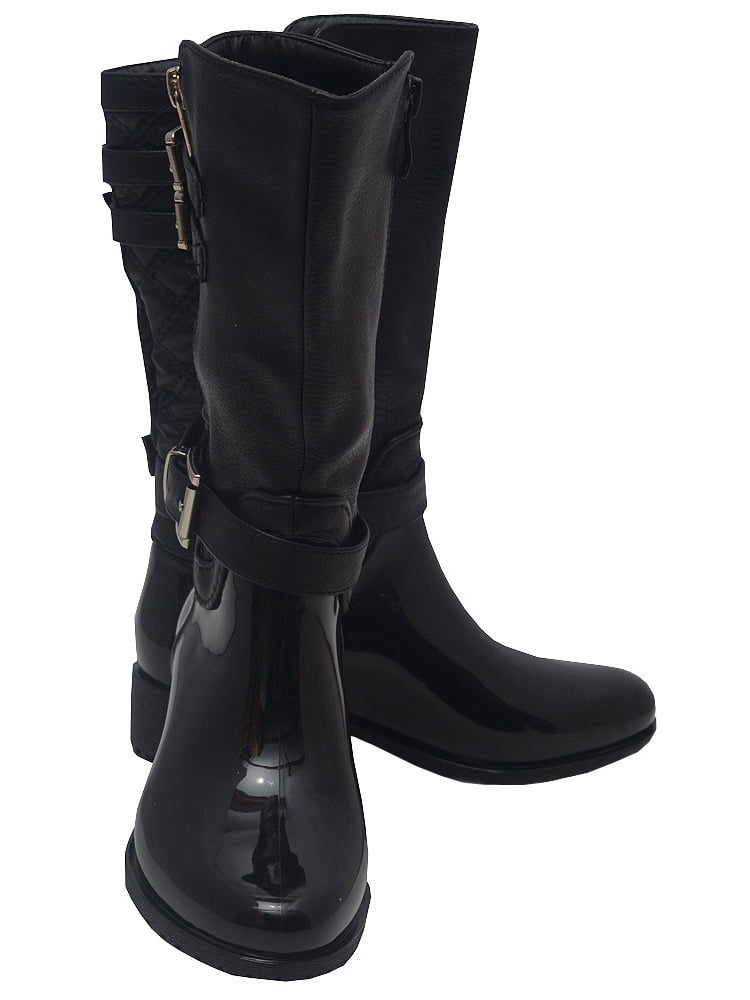 black patent quilted knee high boots