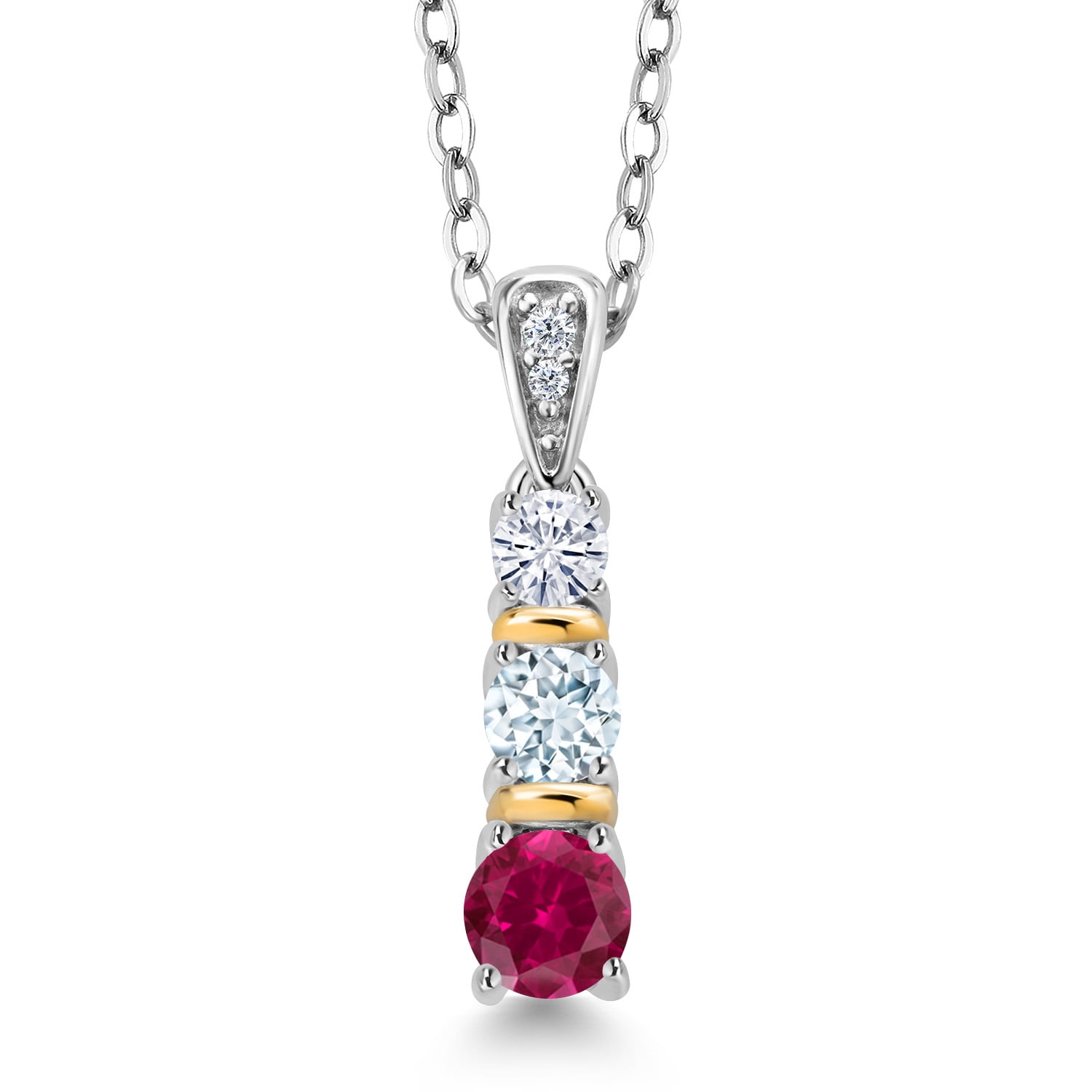 Gem Stone King 925 Silver and 10K Yellow Gold Round Red Created Ruby Sky Blue Aquamarine and White Moissanite Pendant Necklace for Women (0.52 Cttw, Gemstone July Birthstone, with 18 inch Chain)
