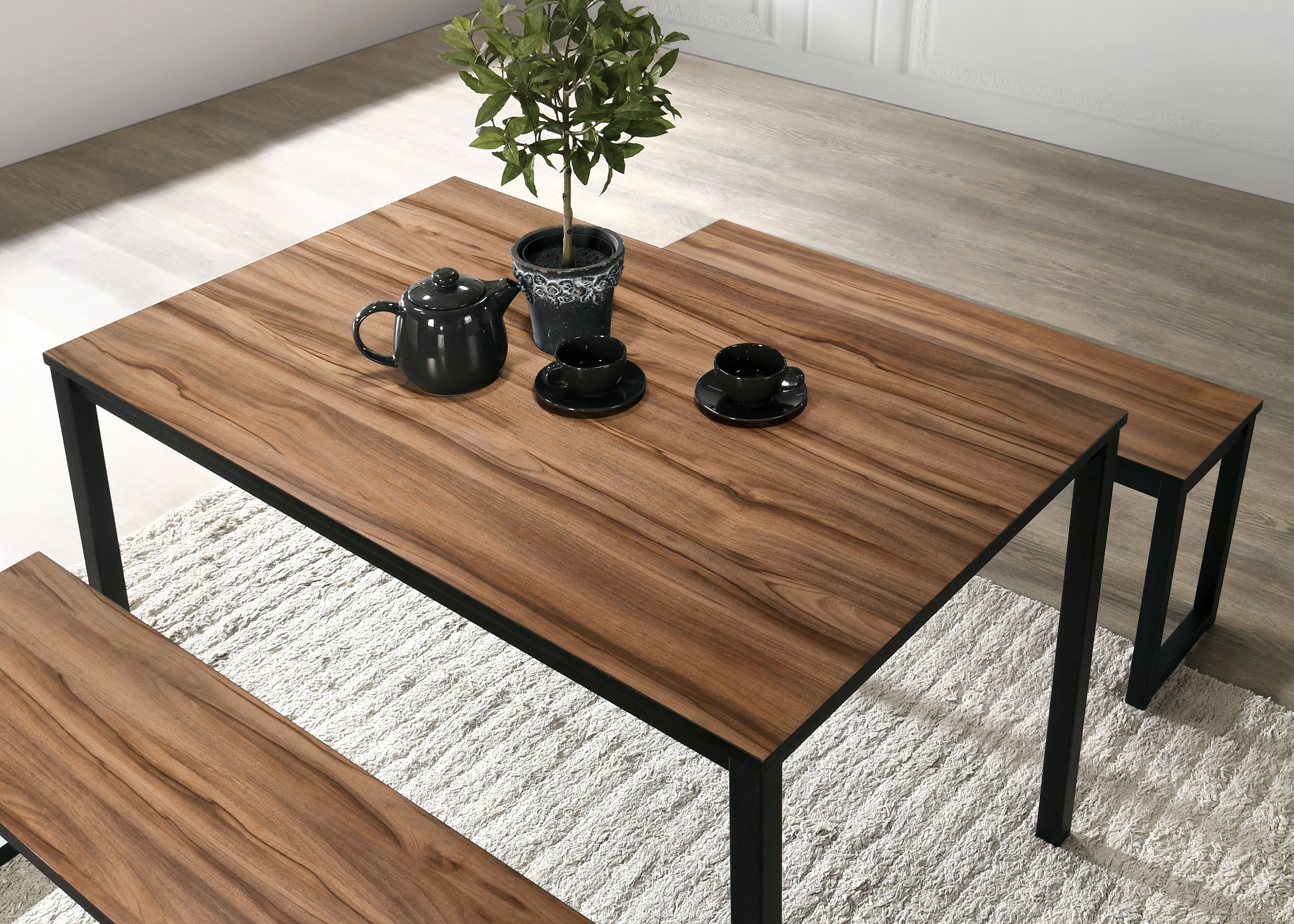 Furniture of America Asher 3-Piece Modern Metal and Wood Dining Table and Bench Set, Black