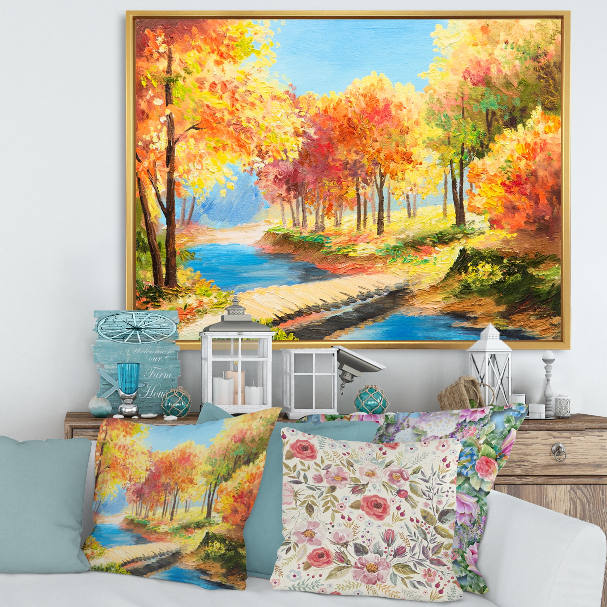 枝アート Orange and Yellow Trees By The Riverside 40 in x 30 in Framed