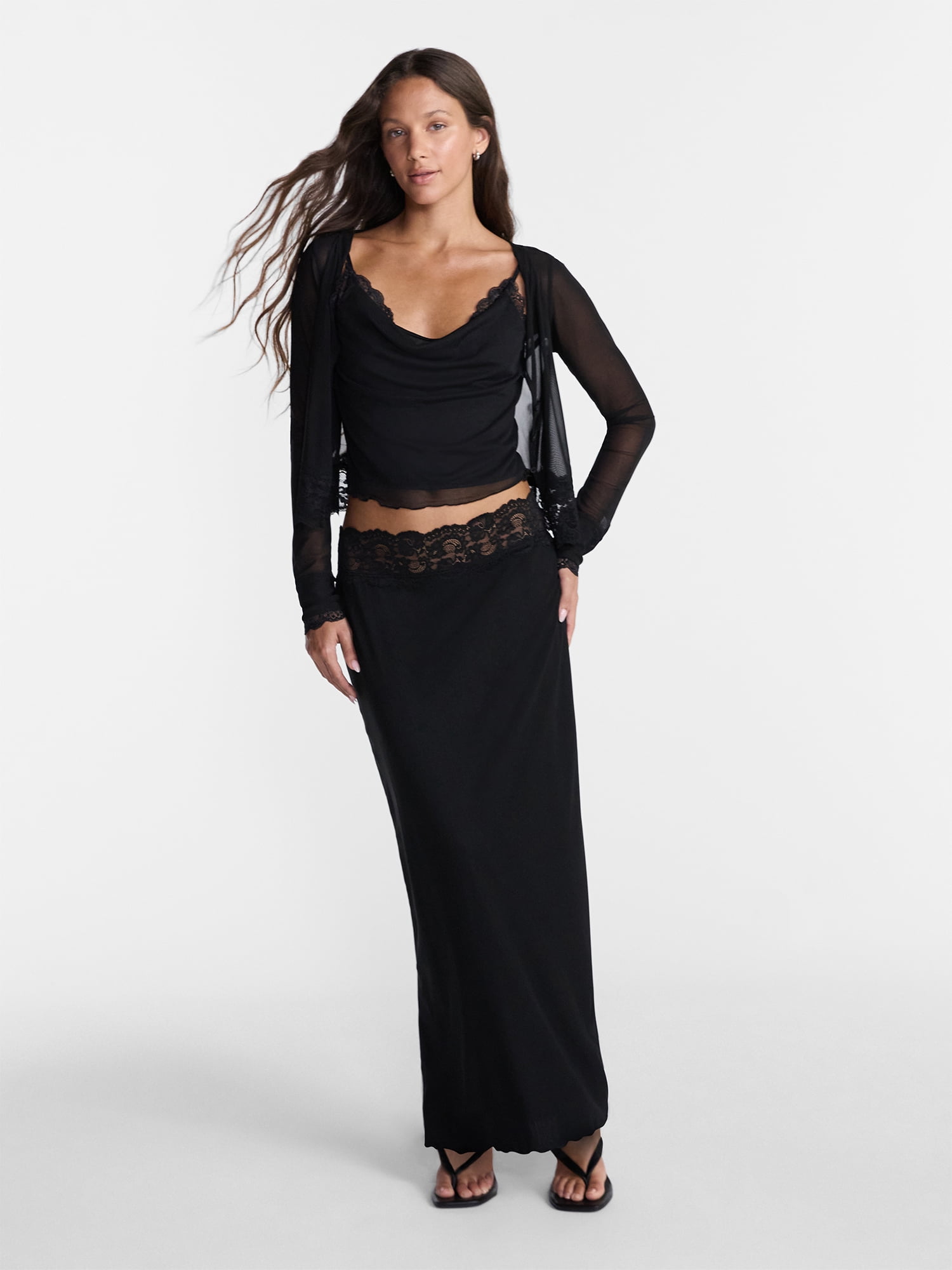 No Boundaries Cowl Neck Tank Top and Cardigan Set with Lace Trim, 2 Piece, Women’s XXS-XXL
