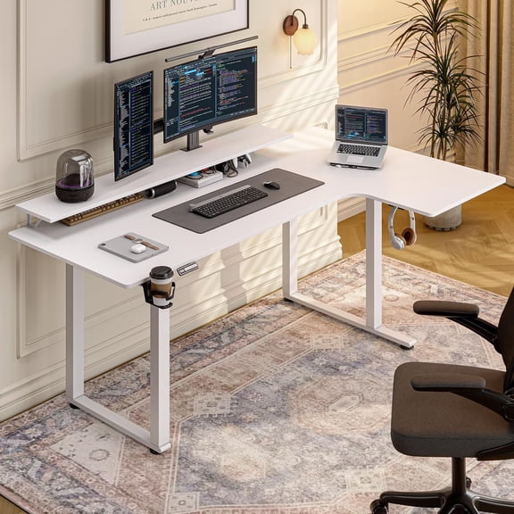 L Shaped Standing Desk, 71x43'' Electric L Stand Up Desk with 2 Adjustable Monitor Shelves, Dual Motor and Memory Controller, Adjustable Height from 28-46'' for Home and Computer Workstation, White