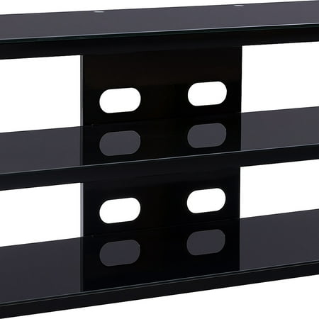 CorLiving - Black Gloss TV Bench with Open Shelves for TVs up to 85" - Black