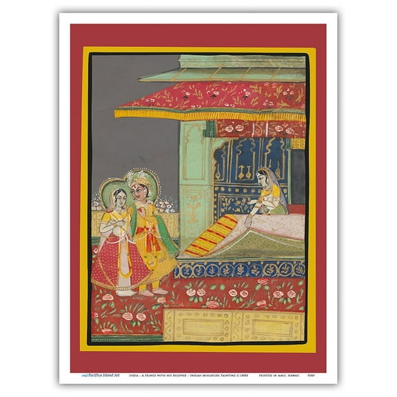 India - A Prince with his Beloved - Vintage Indian Miniature Painting c.1800s - Master Art Print (Unframed) 9in x 12in