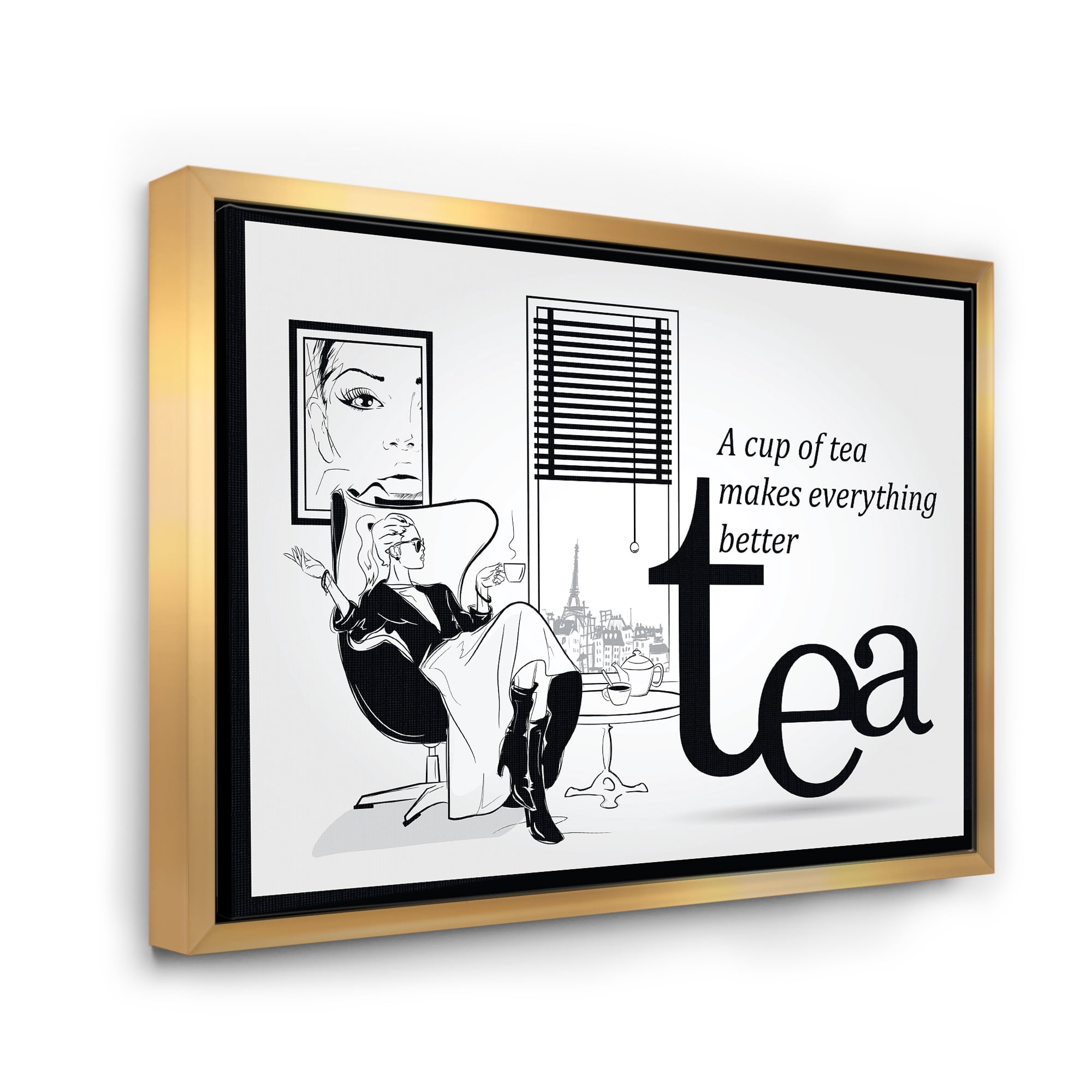 Ancient Fashion Girl Drinking A Cup Of Tea 32 in x 16 in Framed Painting Canvas Art Print, by Designart