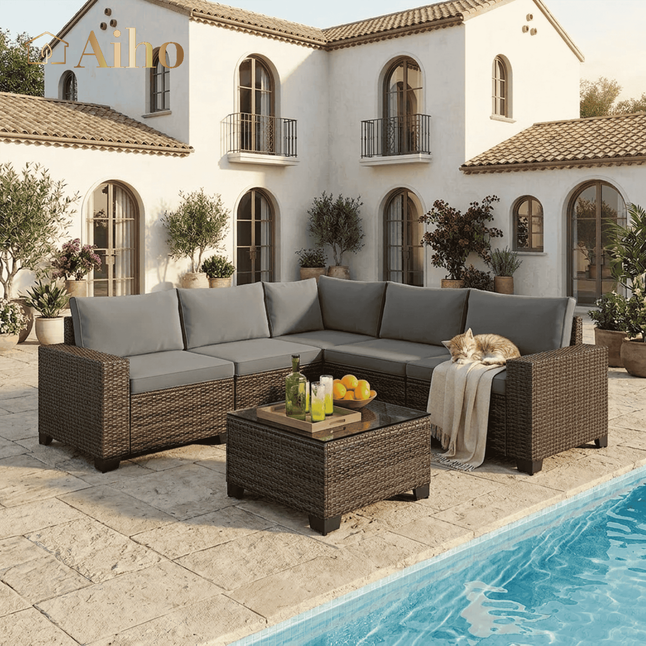 Aiho 6 Pieces Patio Conversation Set, Outdoor Sectional Sofa with All-Weather PE Rattan Wicker, Gray Cushioned Seating for Backyard, Garden, Poolside