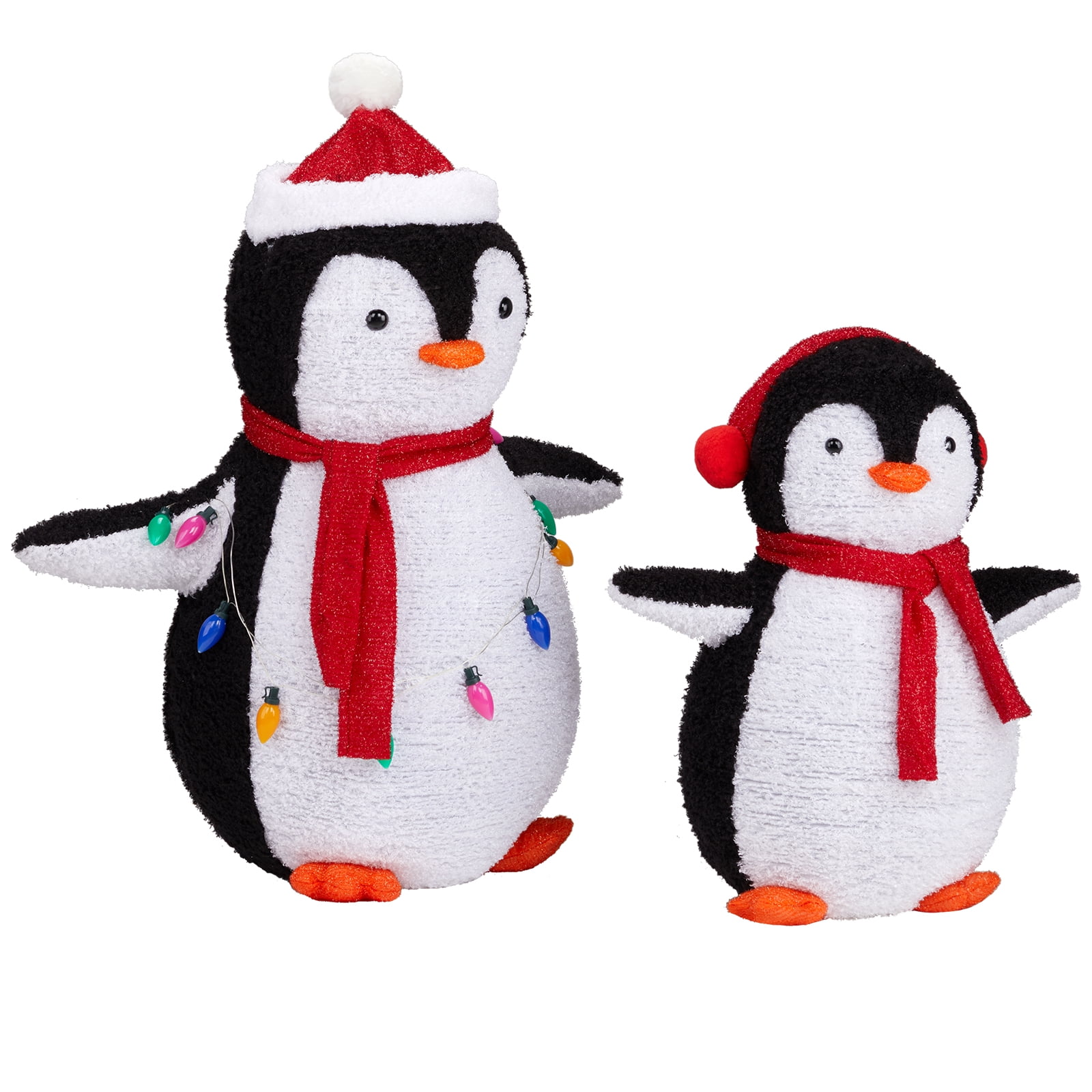 Astoutdoor 2-Piece Lighted Plush Penguin Christmas Yard Decorations, Pre-Lit Pull-Up Penguins with 150 Warm White LEDs, Multicolor Light String and Stakes