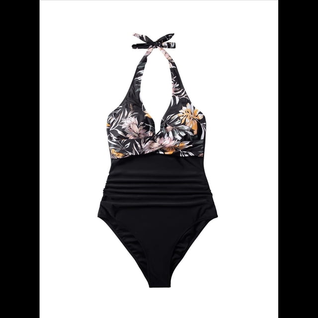 Trajes de Baño de una Pieza con Control de Abdomen para Mujer, Trajes de Baño Push Up con Cuello Halter Negro y Flor XL