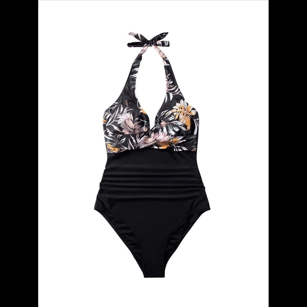 Trajes de Baño de una Pieza con Control de Abdomen para Mujer, Trajes de Baño Push Up con Cuello Halter Negro y Flor XL