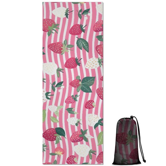 Strawberry Plants Fruit Leaf Stripe Hot Yoga Mat Towel Non Slip for Hot Yoga - Quick-Drying Yoga Mat Cover with 4 Corner Pockets with Travel Bag - Hot Yoga Towel Non Slip 70"x26"