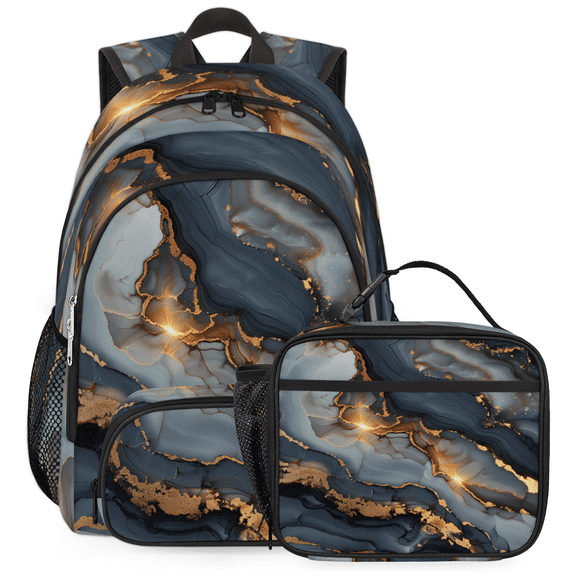 Herdesigns Art Black Glod Marble Backpack with Lunch Box Modern Lightweight Large Travel Work Laptop Backpacks Set Casual Daypacks