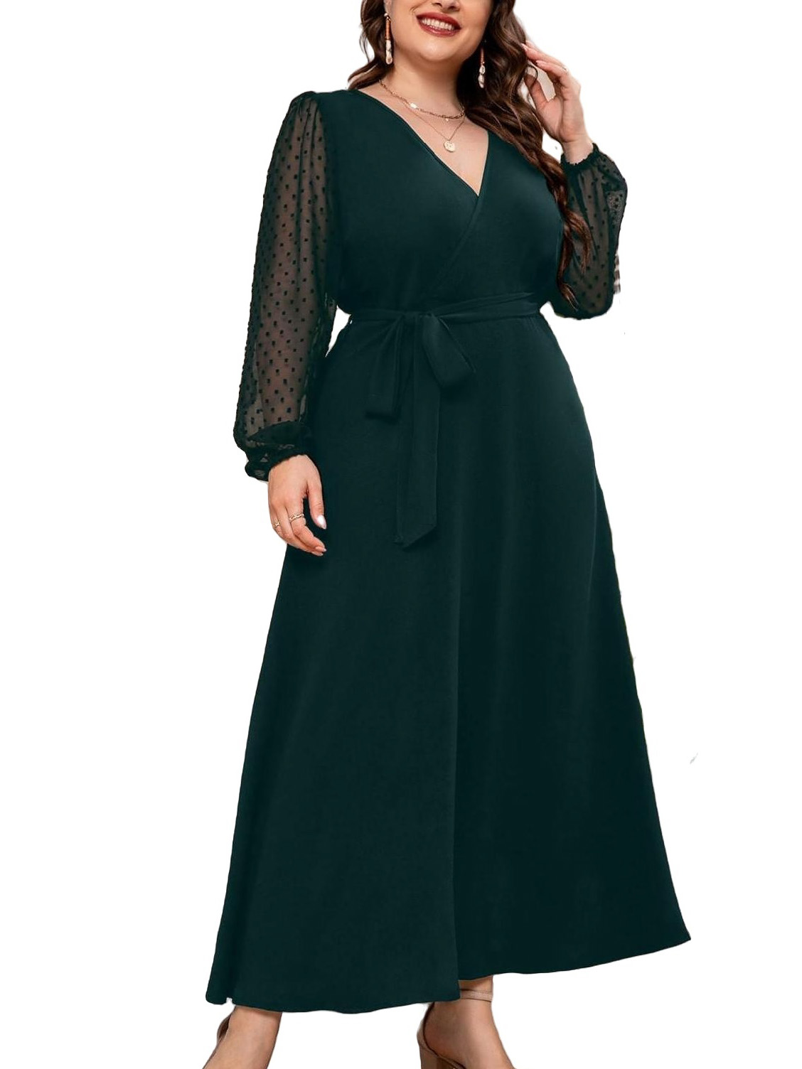 Elegant V Neck A Line Dress Long Sleeve Dark Green Plus Size Dresses