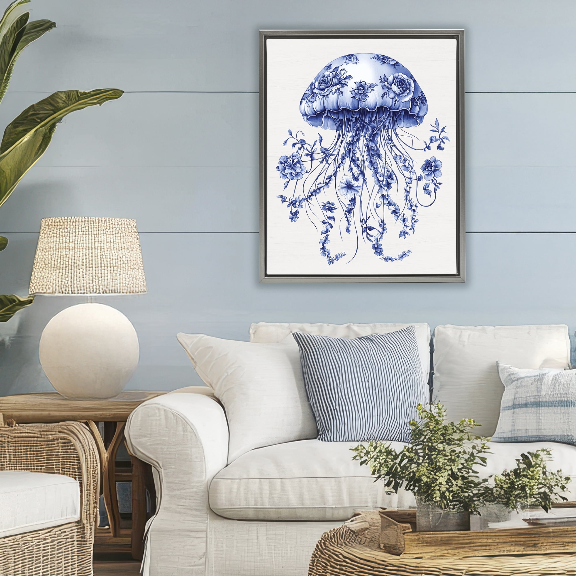 Funky Vintage Toile Jellyfish Gray Framed Floater Canvas Wall Art, design by Lettered and Lined