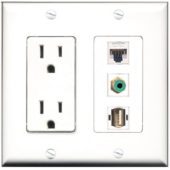 RiteAV - 15 Amp Power Outlet 1 Port RCA Green 1 Port USB A-A 1 Port Cat5e Ethernet White Decorative Wall Plate