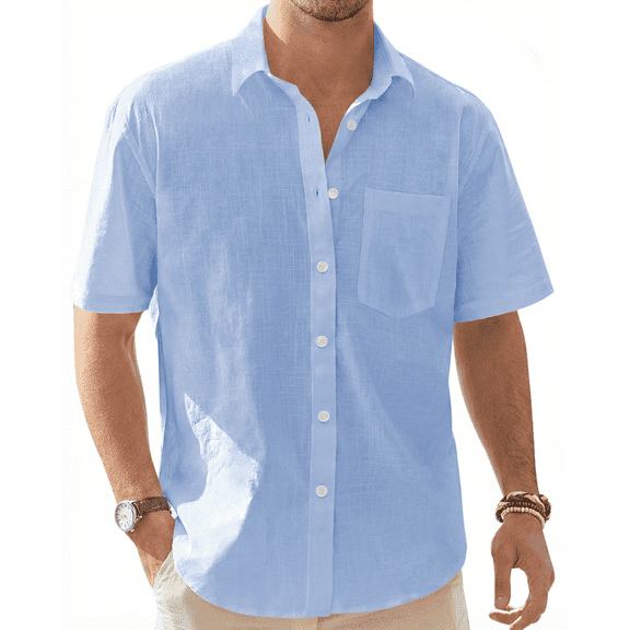 Puztloy Men’s Shirt Linen Short Sleeve Casual Button Down Summer Beach Vacation Shirt with Pocket
