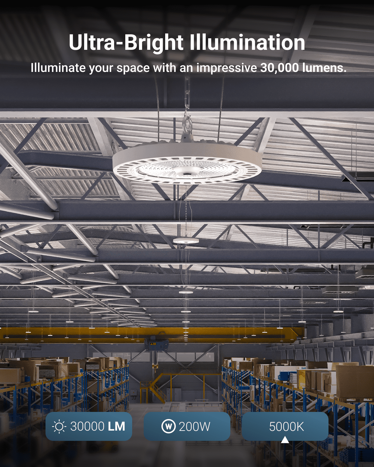 Sunco High Bay LED Shop Lights UFO, Warehouse Commercial Bay Lighting, 30000 LM, 5000K Daylight, 200W, Dimmable (0-10V), Wet Rated, Shatterproof, for Workshop, Garage, Schools UL.