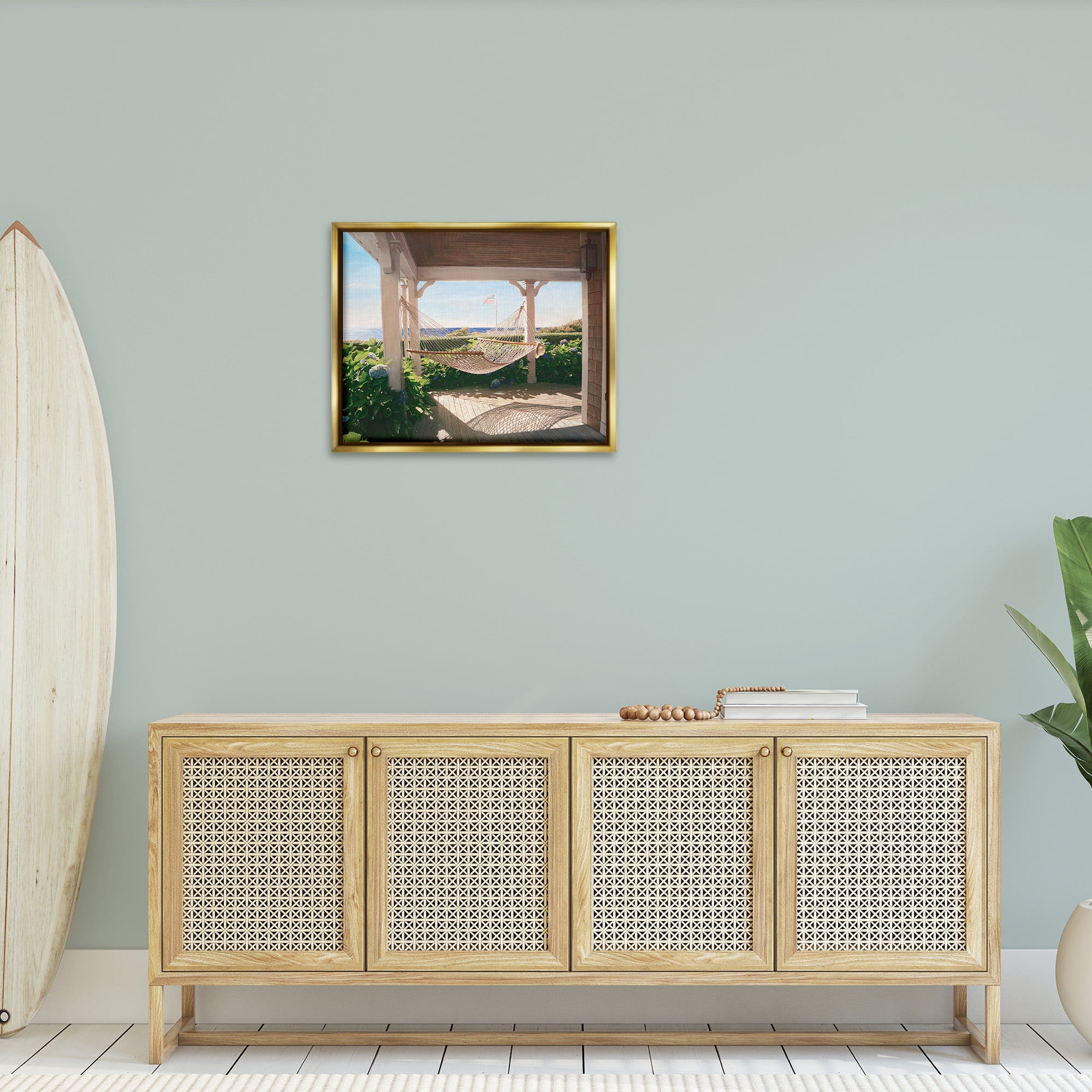 Stupell Industries Hammock & Coastal Porch Landscape Painting Gold Floater Framed Canvas Art Print Wall Art, 31 x 25