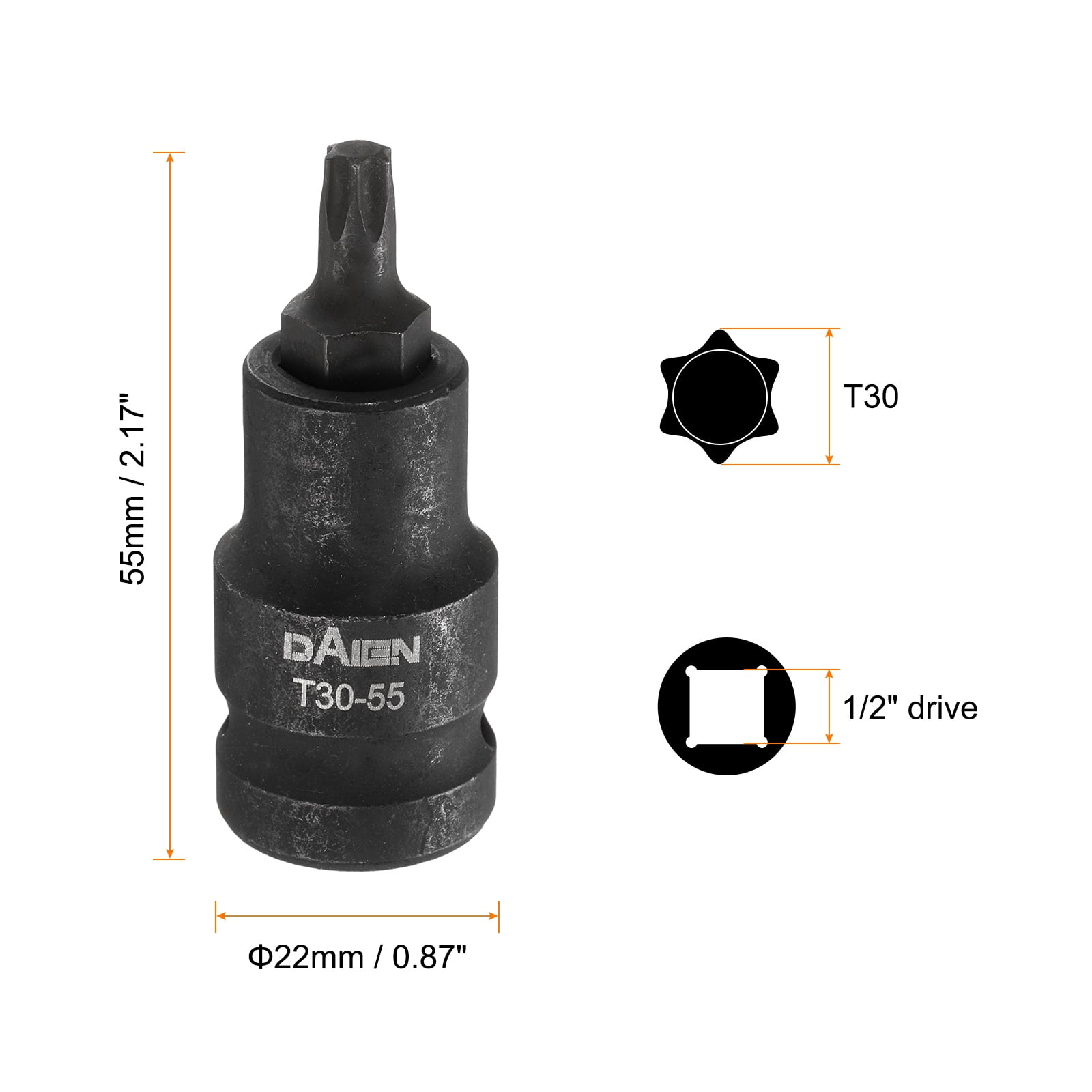 Uxcell 5pcs T30 Torx Bit Socket 55mm/2.17" Length 1/2" Square Drive Star 6 Point Extension Impact Bit Power Nut Driver Set S2 Steel Socket Ratchet Wrench Bits, Black