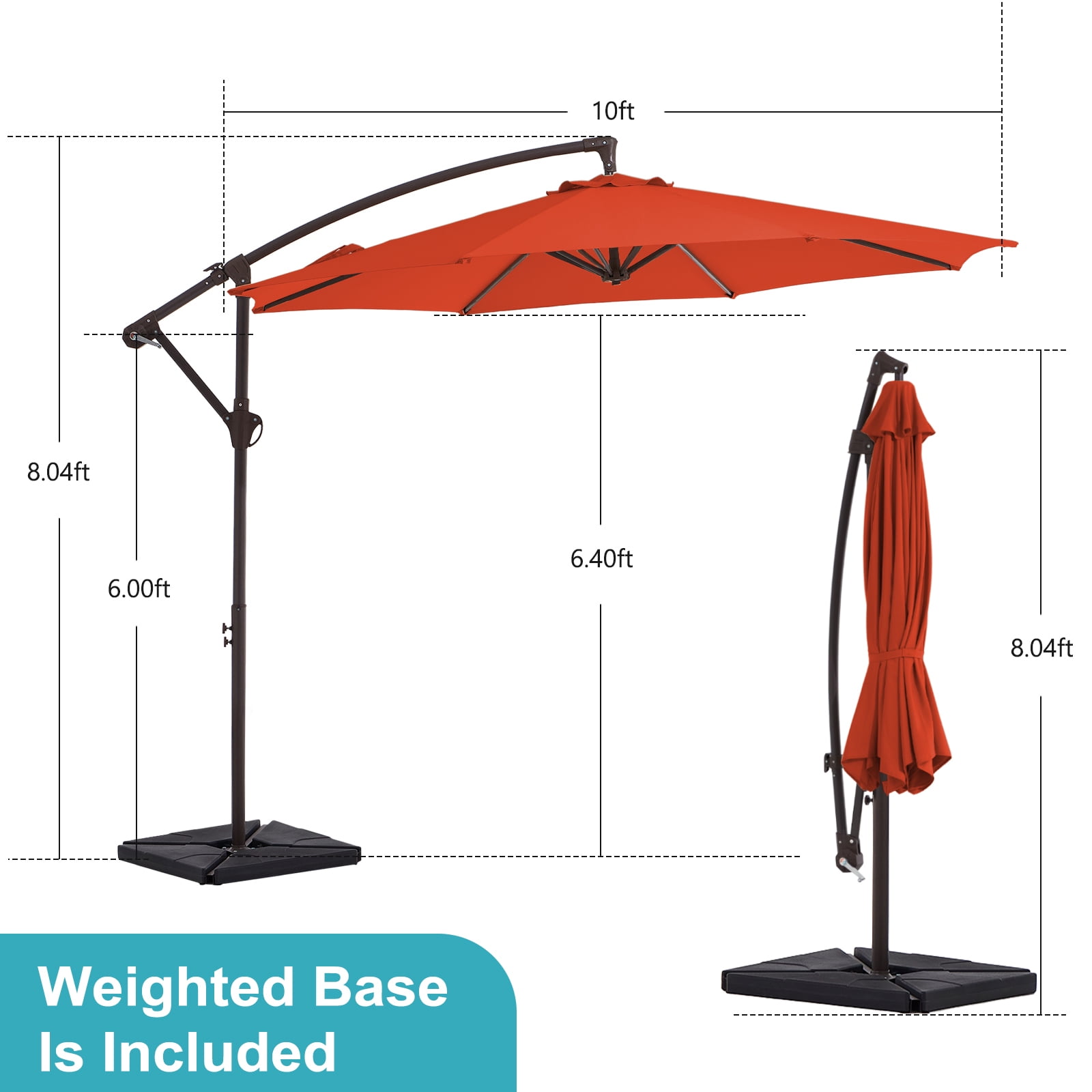 JUSTLET 10ft Heavy Duty Patio Hanging Offset Cantilever Patio Umbrella W/ Base Included, Orange