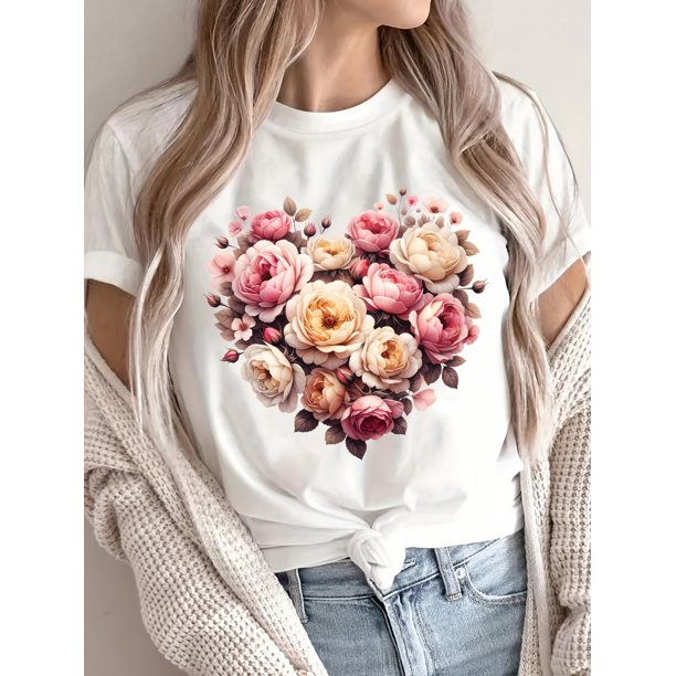 Summer Women'S Front Printed Short-Sleeved T-Shirt, Comfortable And Breathable Fabric, Casual And Sporty , Suitable for Spring And Summer