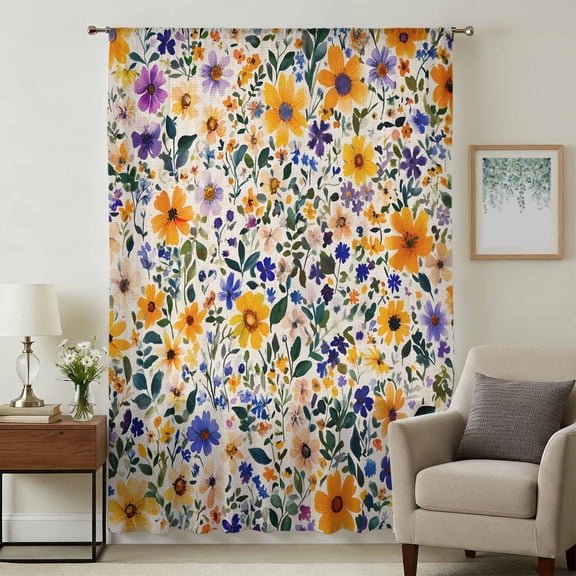 Watercolor Wildflowers Sheer Curtains 63 Inches Long, Colorful Spring Botanical Flowers Light Filering Curtains, Breathable Simi Curtain Privacy Drapes for Living Room Bedroom Window Treatment
