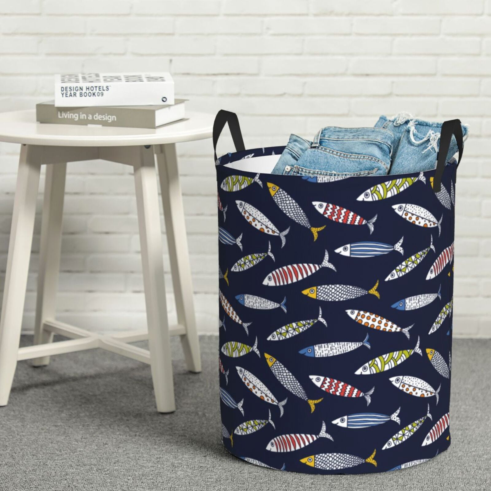 Logiee Sardine Print Laundry Hamper,Dirty Clothes Hamper Storage Basket for Bathroom Bedrooms College Dorm, Circular Hamper with Handles,Collapsible Laundry Baskets-Medium