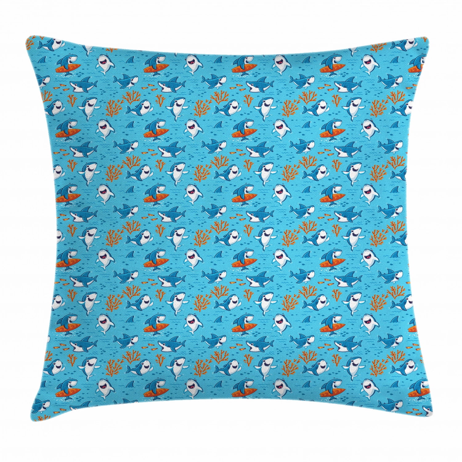 Shark Throw Pillow Cushion Cover, Underwater Fantasy World with Funny Fish Characters Cheerful