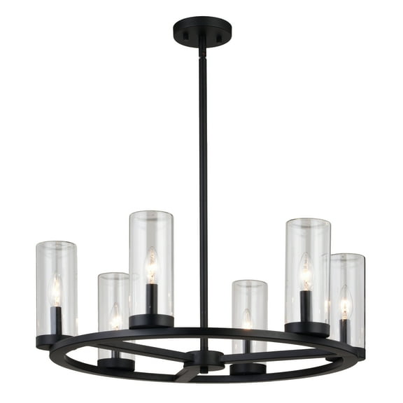 Grantley 6 Light Matte Black Wheel Chandelier Fixture Clear Glass Shade, LED Compatible, Damp Rated