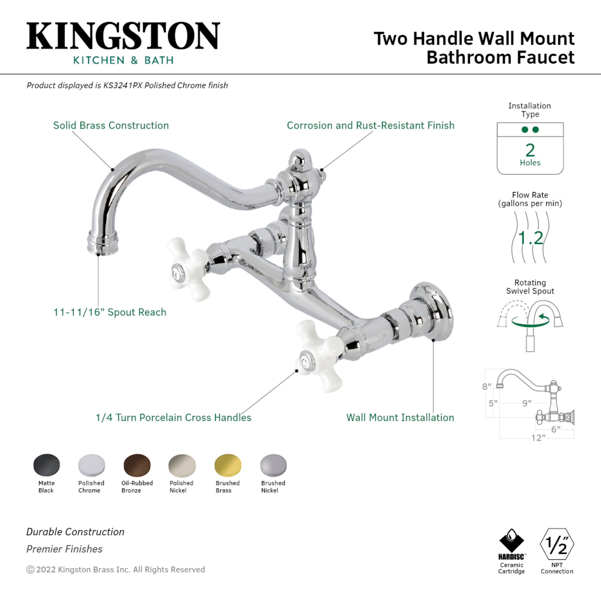 Kingston Brass KS3246PX Vintage Double-Handle Wall Mount Bathroom Faucet, Polished Nickel