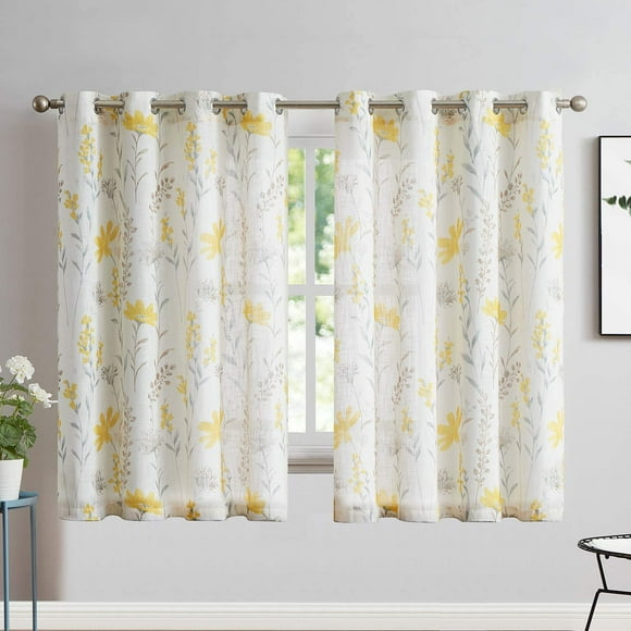 Printed Sheer Curtains Linen Textured for Living Room Floral Leaf Design Farmhouse Style Window Panel Drapes Set Grommet Treatment for Bedroom, Dining, 52 x 54 inch, Yellow