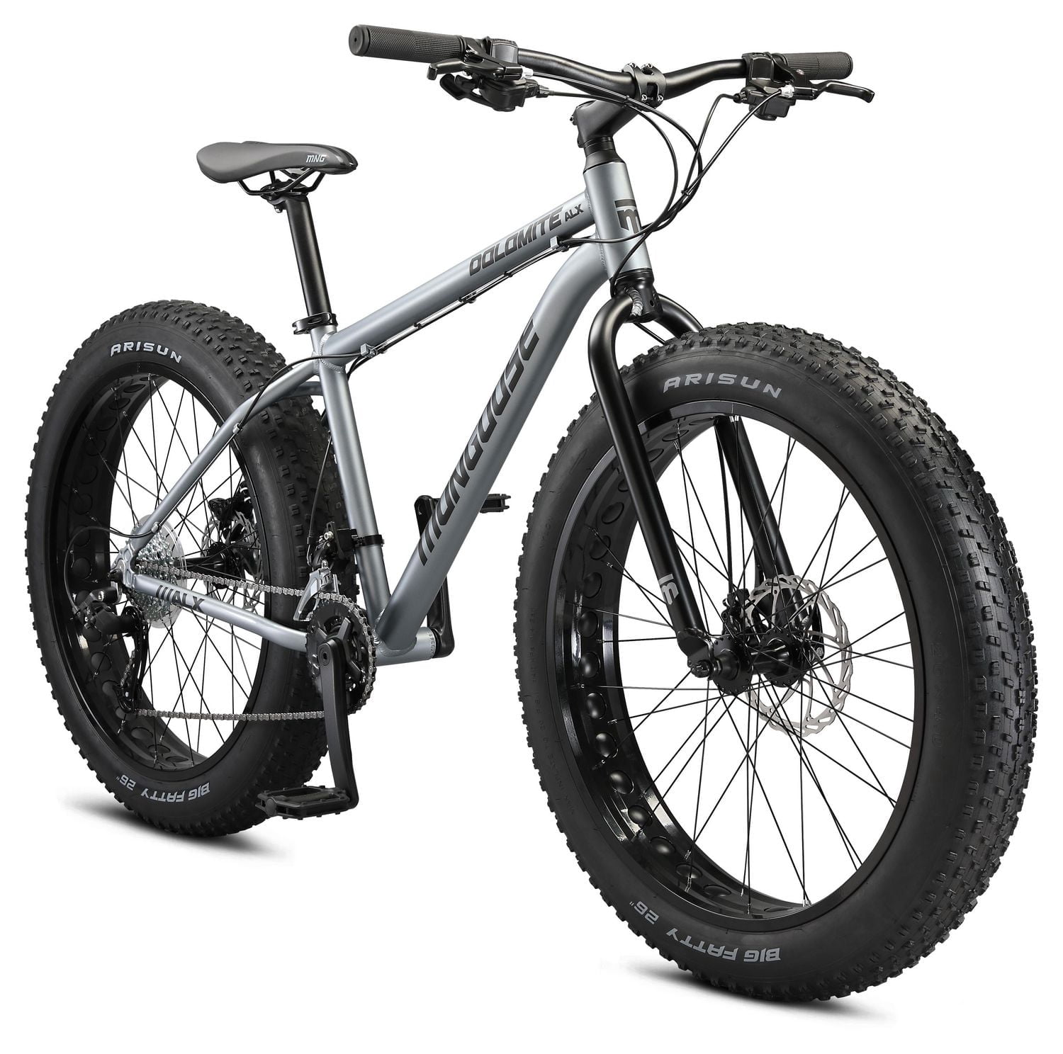 Mongoose Dolomite ALX fat tire mountain bike, 16 speeds, medium frame, grey