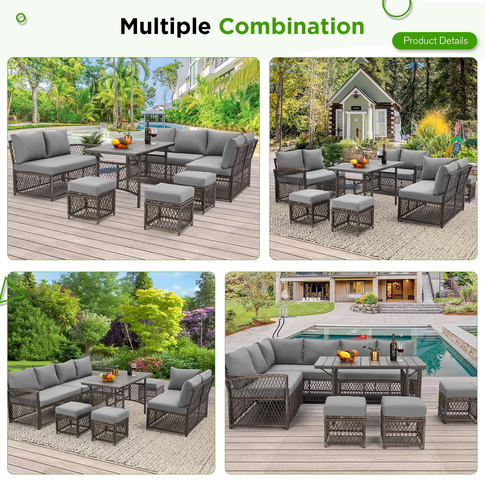 AECOJOY Outdoor Furniture Set, 7-Piece Rattan Wicker Sectional Sofa Couch, Patio Conversation Set with Dining Table & Chair in Gray