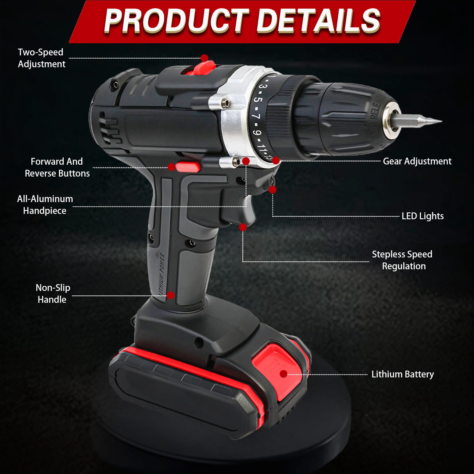 ALSO GO 21V Multi-Functional Cordless Drill Set, Drill with 2 Batteries and Charger,  Power Drill Kit Electric Hammer Drill for Drilling and Screw Tightening/Loosening, Black