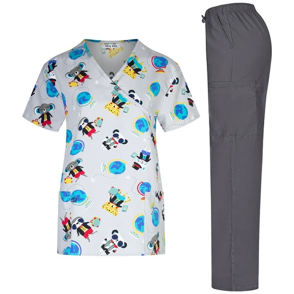 Minty Mint, Women's, Microfiber Printed Medical Scrub Set V-Neck Top and Pants, Light Grey, XS
