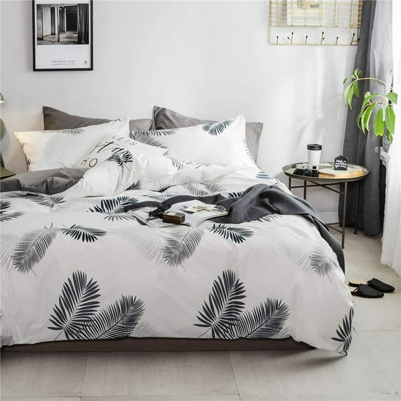 Leaves Twin Bedding Duvet Cover Set - Black Palms in White 100% Natural Cotton with 3 Pieces Ultra Soft Breathable Comforter Cover