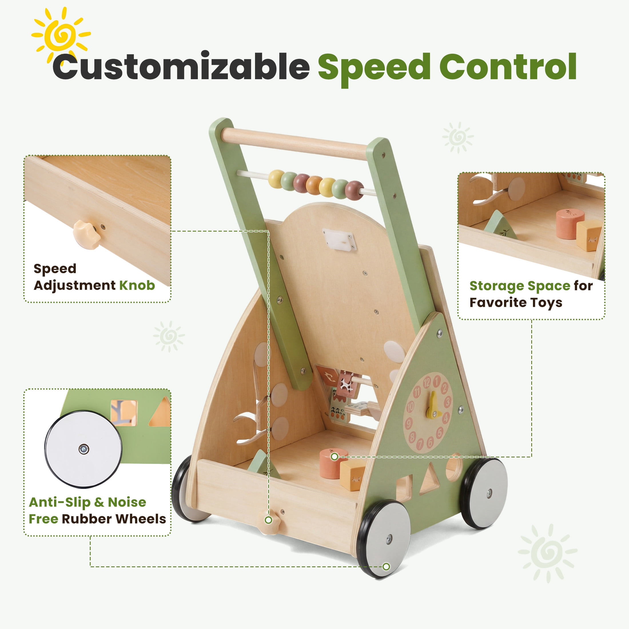 EDX Wooden Baby Walker, Adjustable Speed Montessori Learning Toy with Activity Center, Silent Rubber Wheels for Babies 12 Months, Green