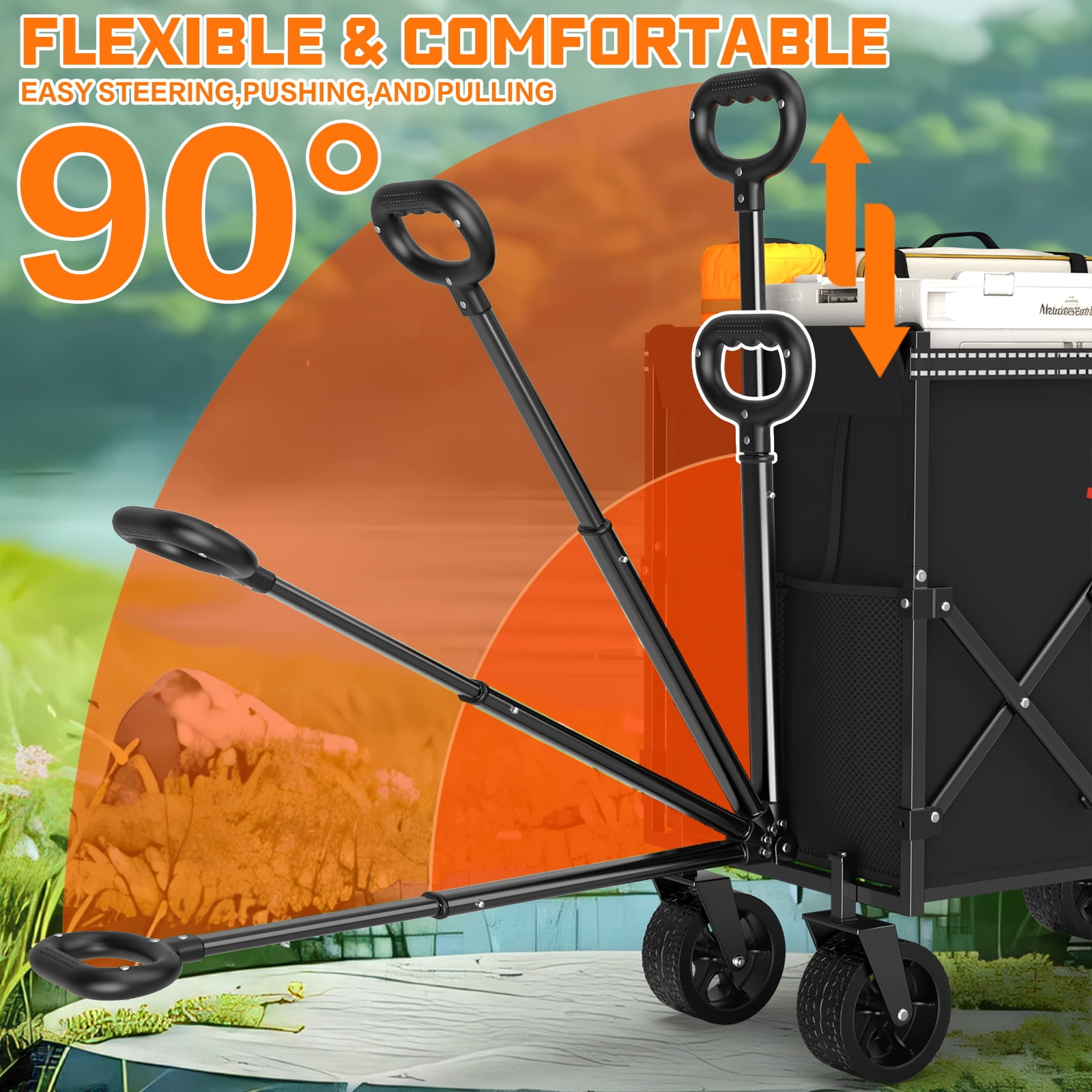 Yacona Wagons Carts Foldable, Large Capacity Collapsible Wagon, Heavy Duty Grocery Cart on Wheels, 450lbs, Black