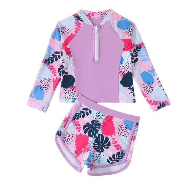AWZXDE Swimsuit For Girls Long Sleeve Zip Up Rash Guard And Floral Print Two Piece For Surfing Sun Ages 3-7