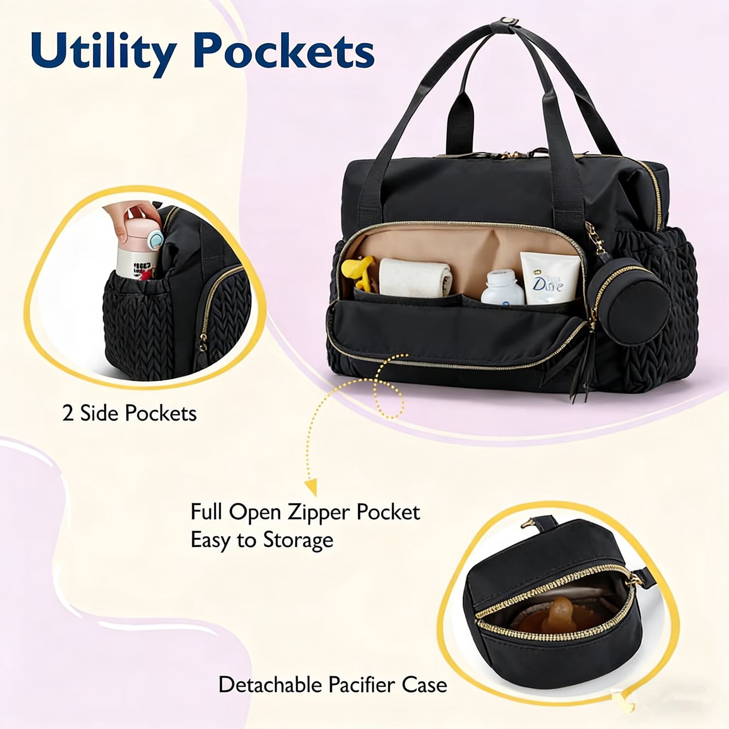 SPEKSEE Diaper Bag Tote, Large Capacity Travel Diaper Bags, Hospital Bag for Labor Delivery, Bag with Pacifier Case(Black)