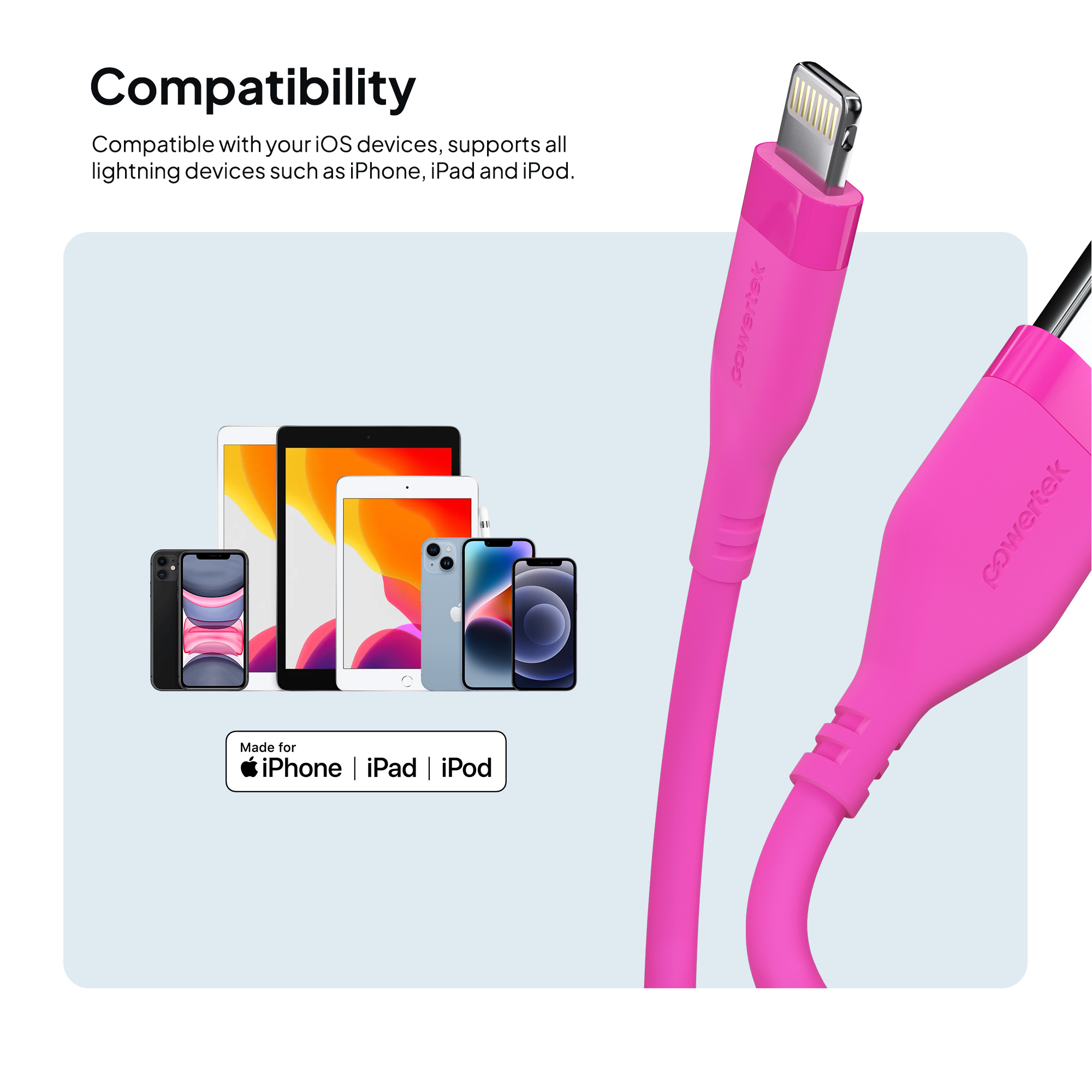 Powertek Silicone USB-A to Lightning Cable, 6ft, Neon Pink photo 5