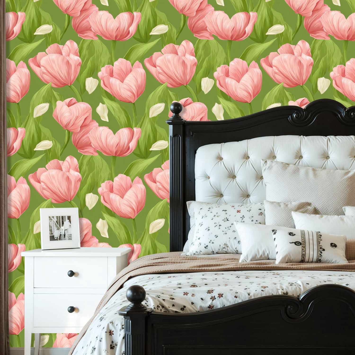 Sage Green Peel and Stick Wallpaper Pink Tulip Floral Green Soft Green Leaves Petals Wall Mural 23.6in x 9.8ft Self Adhesive Removable Wall Paper Renter Friendly Wallpaper for Girls Bedroom