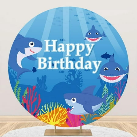 Image of 7.5x7.5ft Cartoon Sharks Round Backdrop Covers for Photoshoot Kids Girls Boys Portrait Colorful Corals Blue