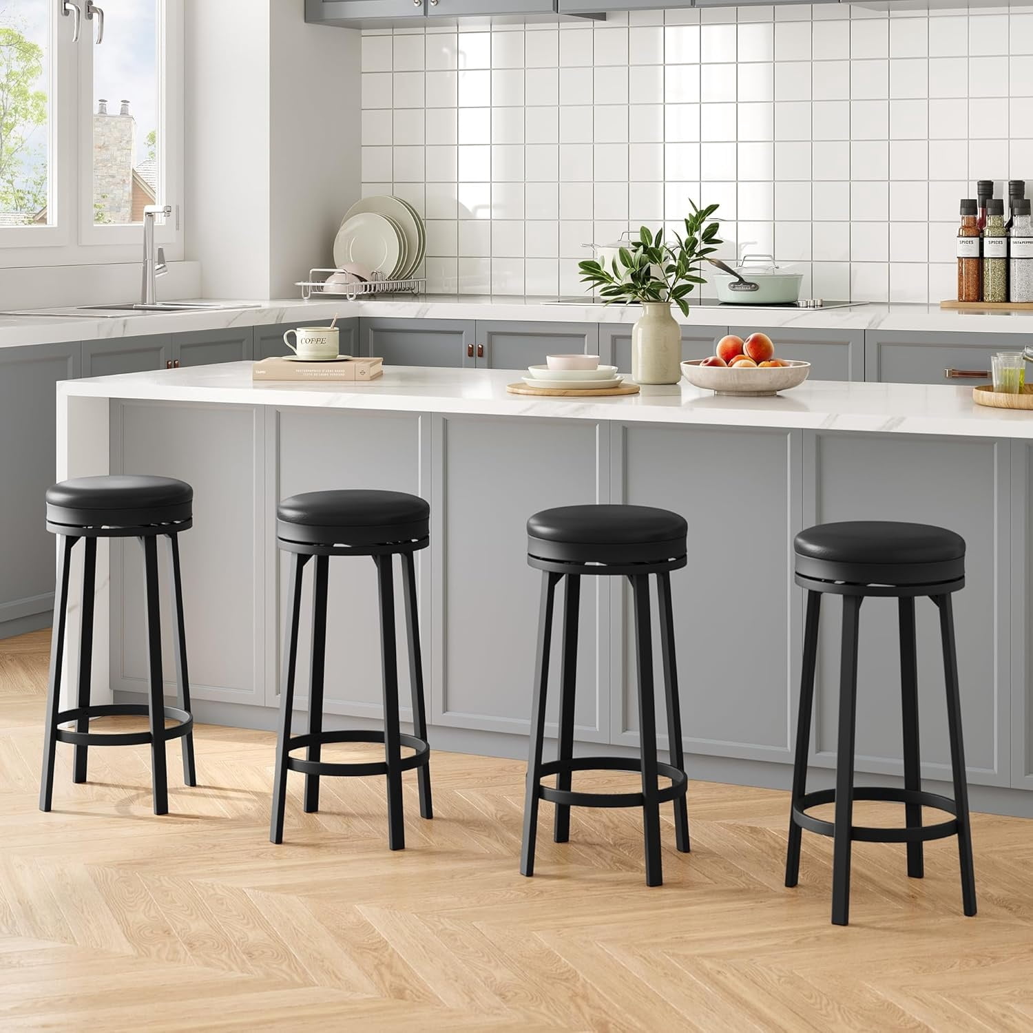 2/4 PCS Home Kitchen 360° Swivel Bar Stool Set of 4, PU Leather Upholstered Counter Height Bar Stool with Metal Footrests, Mid Century Modern Barstool for Kitchen, Dinig Rooms, Apartments