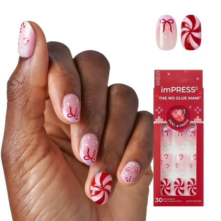 KISS imPRESS Holiday Press On Nails, ‘Be Merry’, Pink, Short Oval, 30 Count