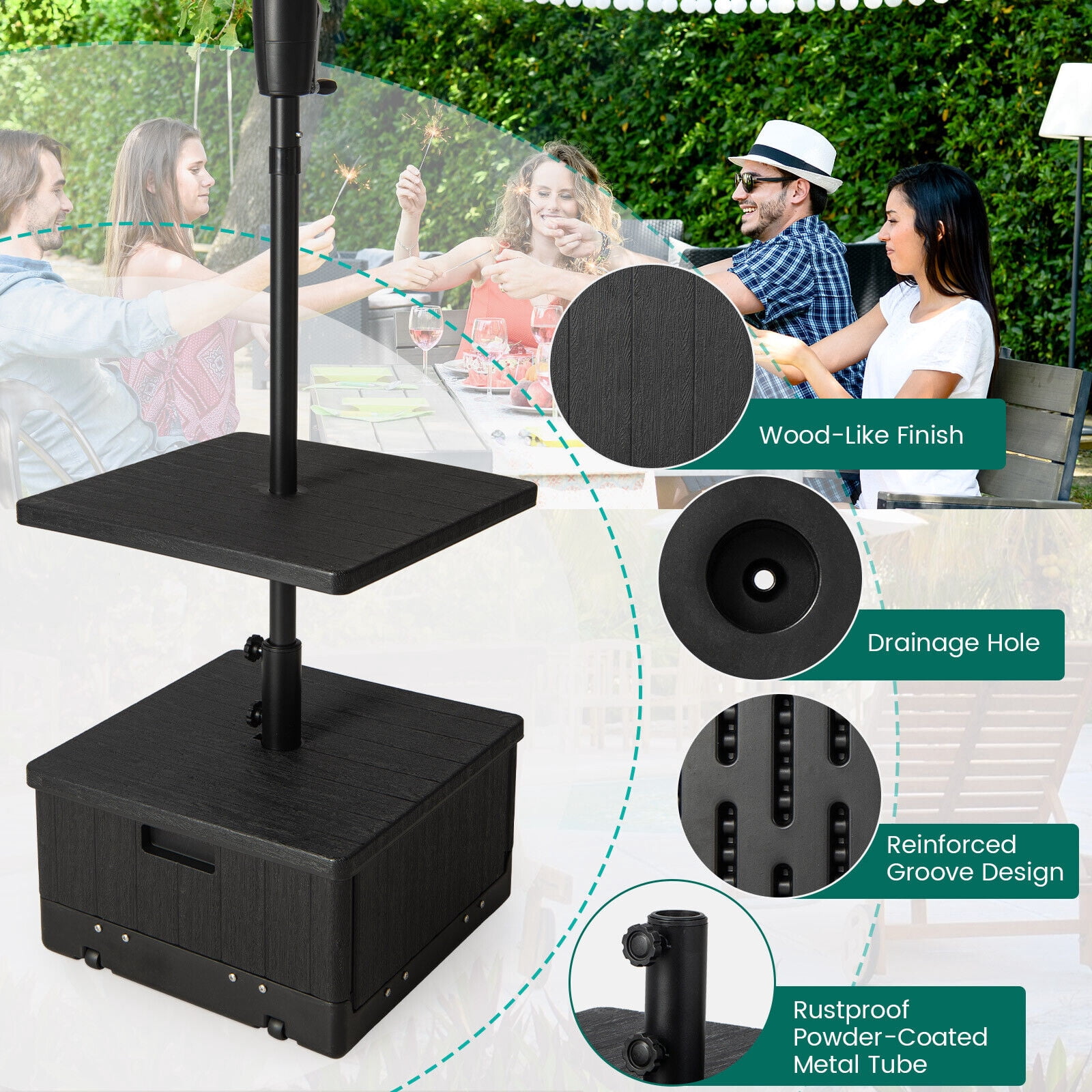 Amijoy 175 LBS Outdoor Fillable Umbrella Base w/ Table Tray, Weighted Bag, Wheel, Handle, 3-in-1 Coffee End Table Planter Box Umbrella Stand