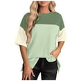 thumbnail image 1 of Frostluinai Oversized Tops for Women Crew Neck Ribbed Knit Blouses Short Sleeve Drop Shoulder Tshirts Color Block Loose Tees Slit Hem Shirts, 1 of 8