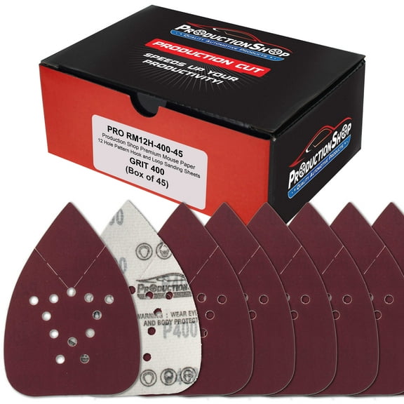 ProductionShop Premium 400 Grit 12-Hole Pattern Mouse Detail Sander Sandpaper Sheets, Box of 45 - Dustless Hook & Loop Triangle Shaped Mouse Disc Pads - Fits Black & Decker Woodworking Wood Furniture