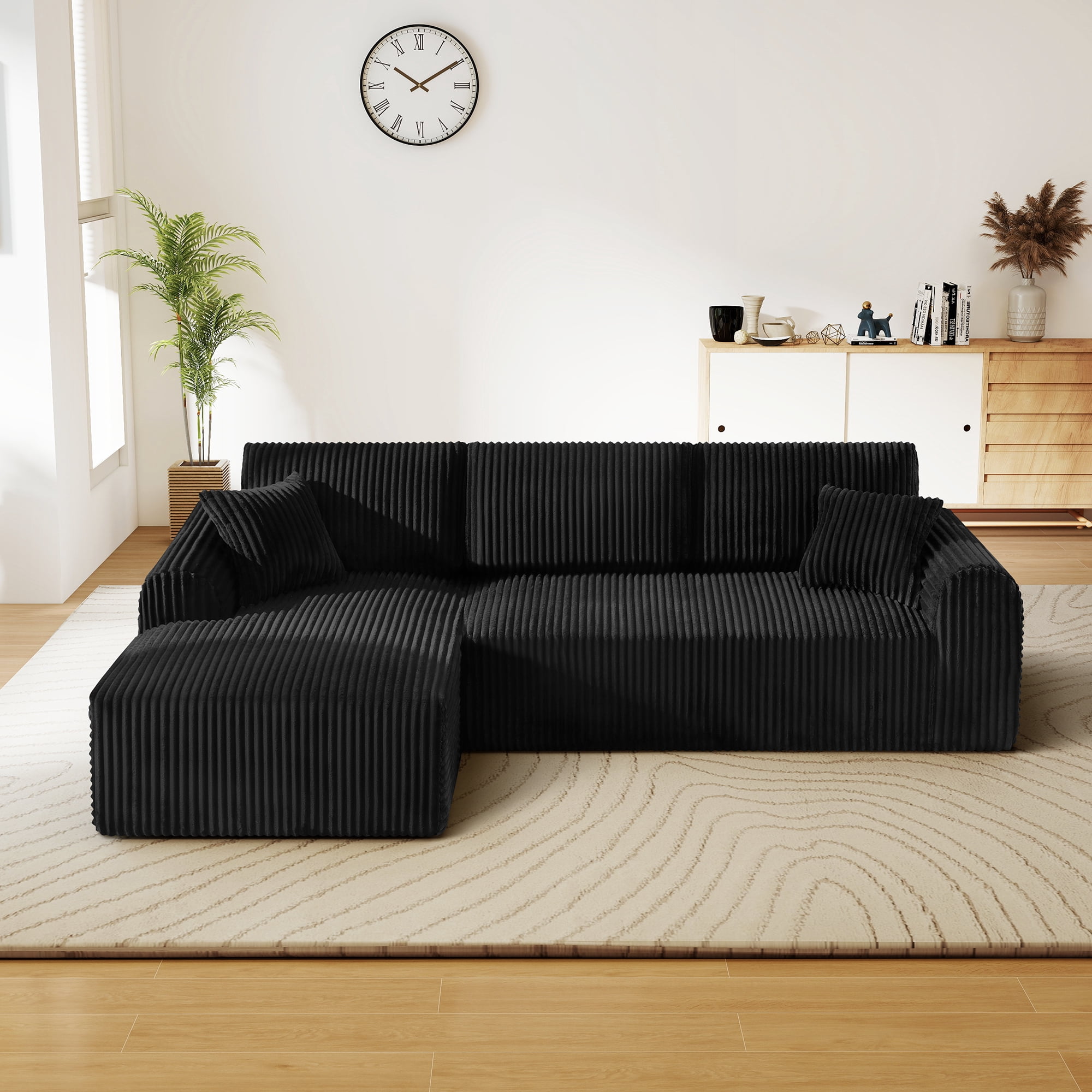 Aukfa 109" Modular Cloud Sectional Sofa with L-Shape Chaise, Corduroy Upholstered Deep Seat Couch, Left Facing Chaise, No Assembly Boneless Sofa for Living Room/Bedroom/Apartment, Black